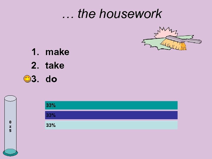 … the housework 1. make 2. take 3. do 0 z 5 