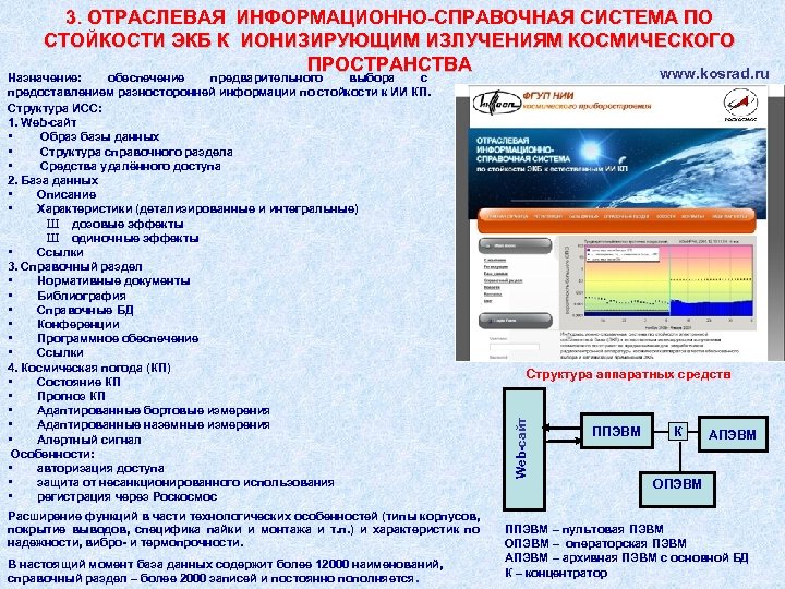 3. ОТРАСЛЕВАЯ ИНФОРМАЦИОННО-СПРАВОЧНАЯ СИСТЕМА ПО СТОЙКОСТИ ЭКБ К ИОНИЗИРУЮЩИМ ИЗЛУЧЕНИЯМ КОСМИЧЕСКОГО ПРОСТРАНСТВА www. kosrad.