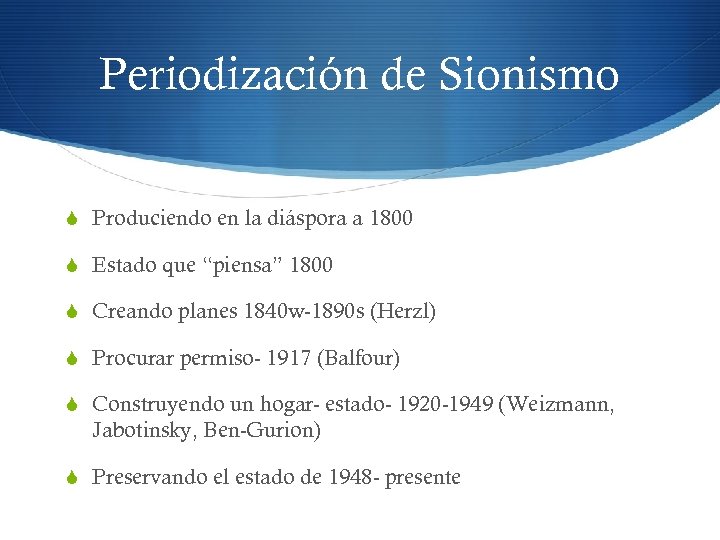 Periodización de Sionismo S Produciendo en la diáspora a 1800 S Estado que “piensa”