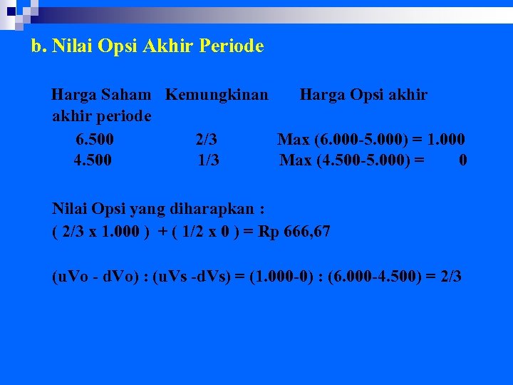 b. Nilai Opsi Akhir Periode Harga Saham Kemungkinan Harga Opsi akhir periode 6. 500