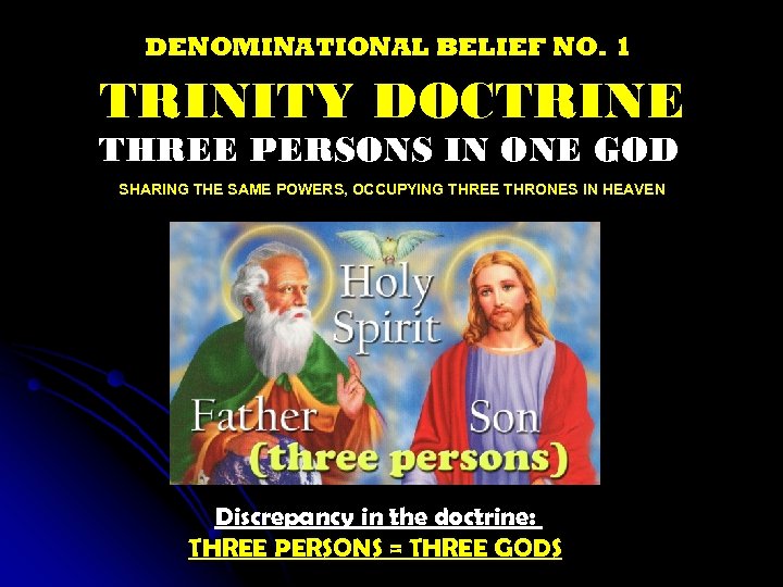 DENOMINATIONAL BELIEF NO. 1 TRINITY DOCTRINE THREE PERSONS IN ONE GOD SHARING THE SAME