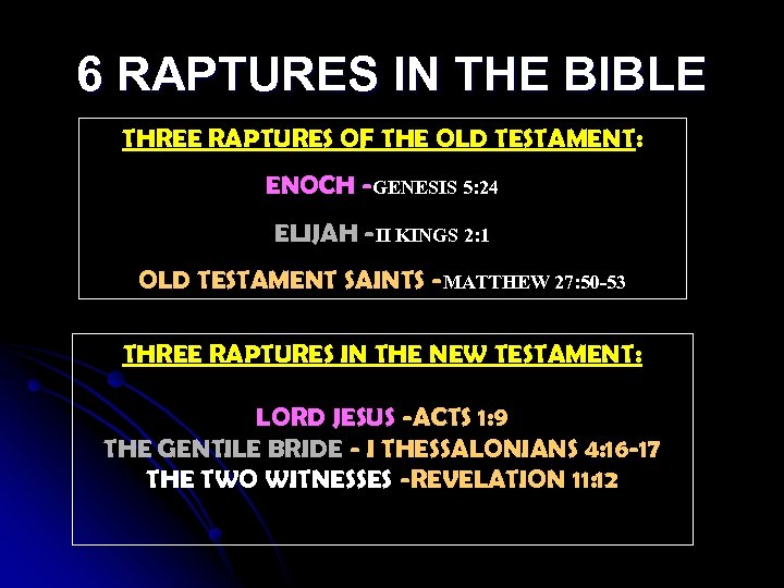 6 RAPTURES IN THE BIBLE THREE RAPTURES OF THE OLD TESTAMENT: ENOCH -GENESIS 5: