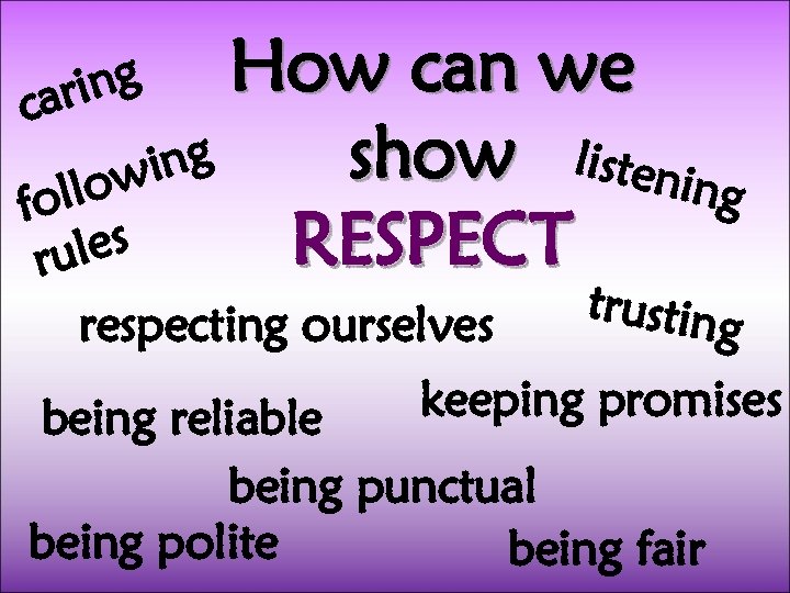 How can we show listening llow fo RESPECT les ru ing car respecting ourselves