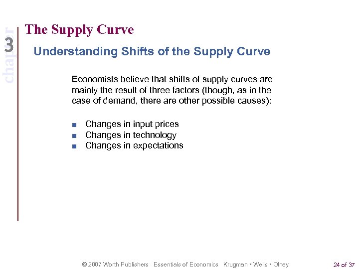chapter The Supply Curve Understanding Shifts of the Supply Curve Economists believe that shifts