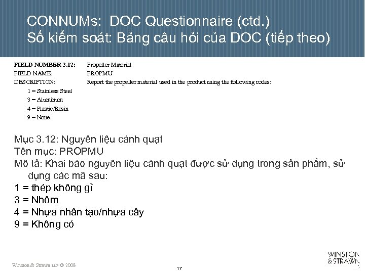 CONNUMs: DOC Questionnaire (ctd. ) Số kiểm soát: Bảng câu hỏi của DOC (tiếp