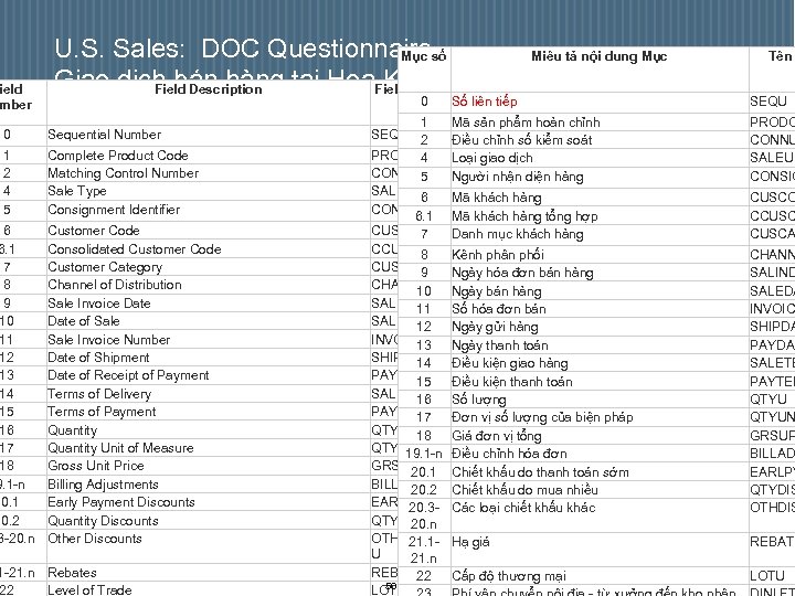 ield mber U. S. Sales: DOC Questionnairesố Mục Miêu tả nội dung Mục Giao
