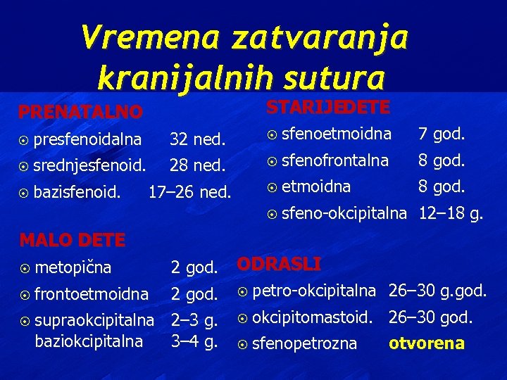 Vremena zatvaranja kranijalnih sutura STARIJEDETE PRENATALNO ¤ presfenoidalna 32 ned. ¤ sfenoetmoidna 7 god.