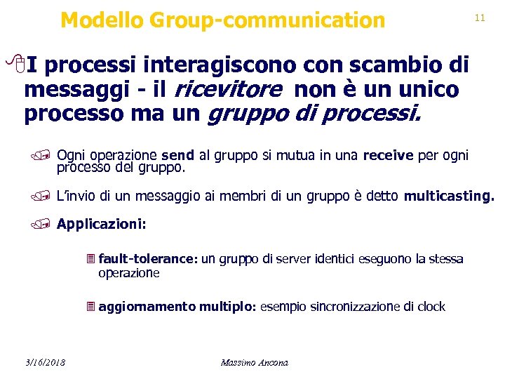 Modello Group-communication 11 8 I processi interagiscono con scambio di messaggi - il ricevitore