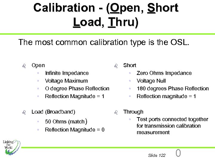 Calibration - (Open, Short Load, Thru) The most common calibration type is the OSL.