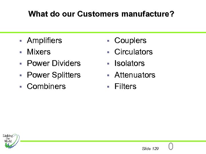 What do our Customers manufacture? § § § Amplifiers Mixers Power Dividers Power Splitters