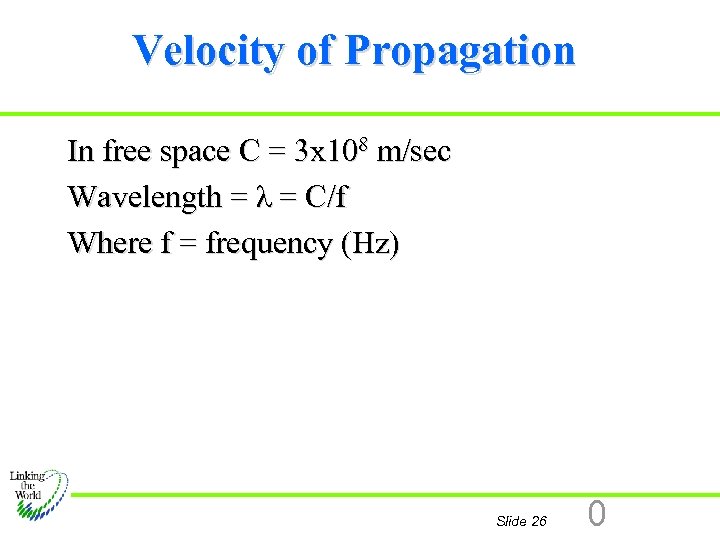 Velocity of Propagation In free space C = 3 x 108 m/sec Wavelength =