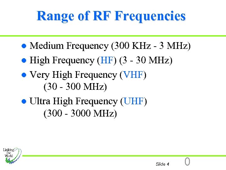 Range of RF Frequencies Medium Frequency (300 KHz - 3 MHz) l High Frequency