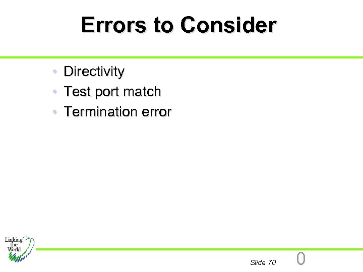 Errors to Consider • • • Directivity Test port match Termination error Slide 70