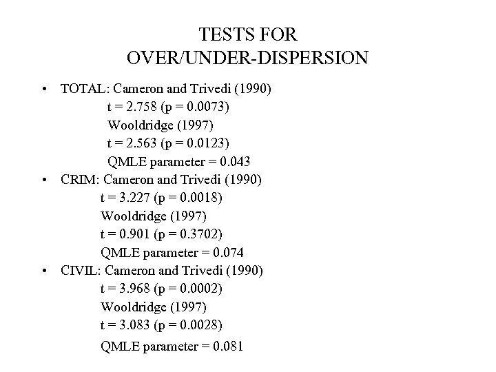 TESTS FOR OVER/UNDER-DISPERSION • TOTAL: Cameron and Trivedi (1990) t = 2. 758 (p