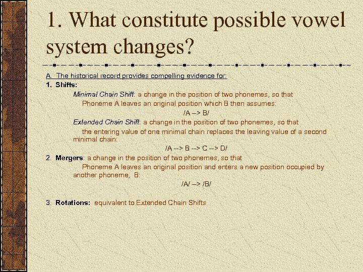 1. What constitute possible vowel system changes? A. The historical record provides compelling evidence