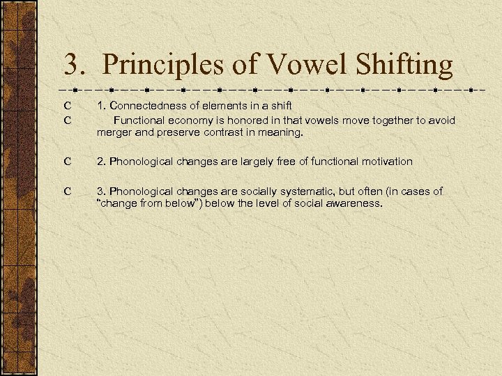 3. Principles of Vowel Shifting C C 1. Connectedness of elements in a shift