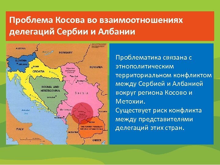 Проблема Косова во взаимоотношениях делегаций Сербии и Албании Проблематика связана с этнополитическим территориальном конфликтом