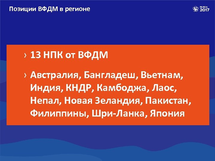 Позиции ВФДМ в регионе › 13 НПК от ВФДМ › Австралия, Бангладеш, Вьетнам, Индия,