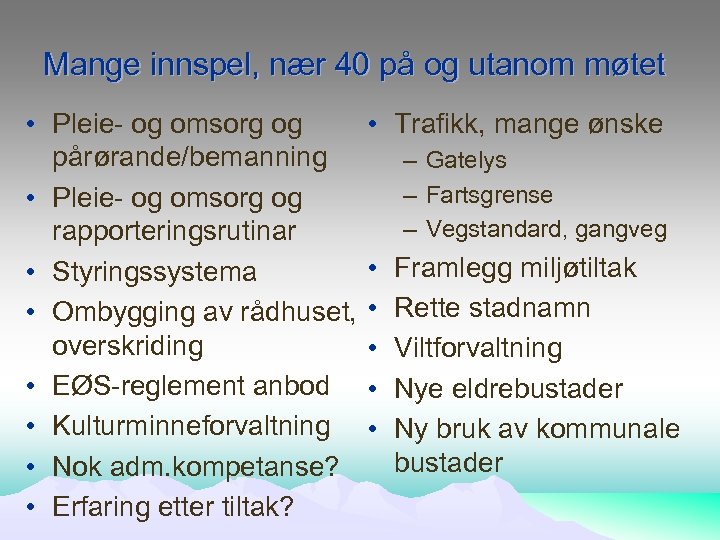 Mange innspel, nær 40 på og utanom møtet • Pleie- og omsorg og pårørande/bemanning