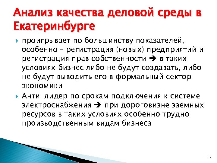 Анализ качества деловой среды в Екатеринбурге проигрывает по большинству показателей, особенно – регистрация (новых)