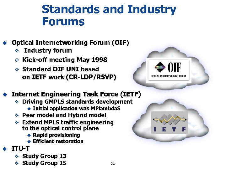 Standards and Industry Forums u Optical Internetworking Forum (OIF) v Industry forum v Kick-off