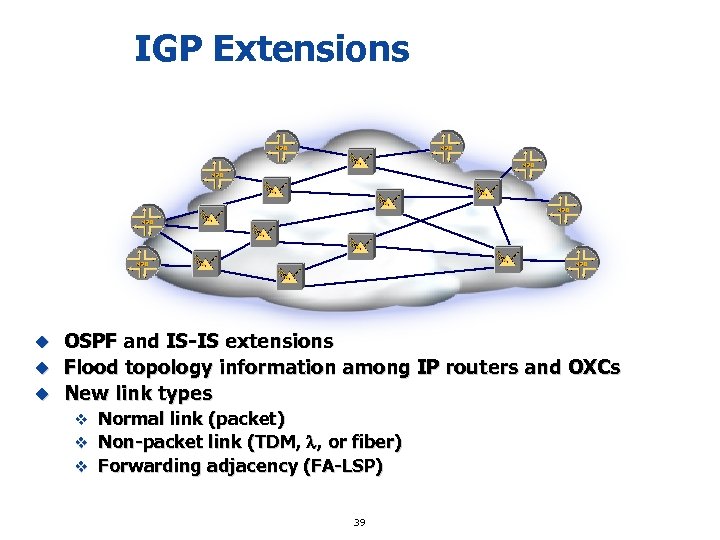 IGP Extensions OSPF and IS-IS extensions u Flood topology information among IP routers and