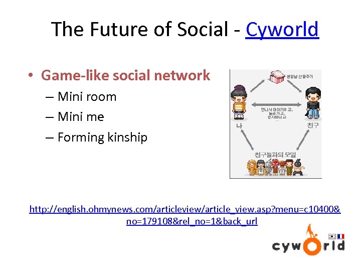 The Future of Social - Cyworld • Game-like social network – Mini room –