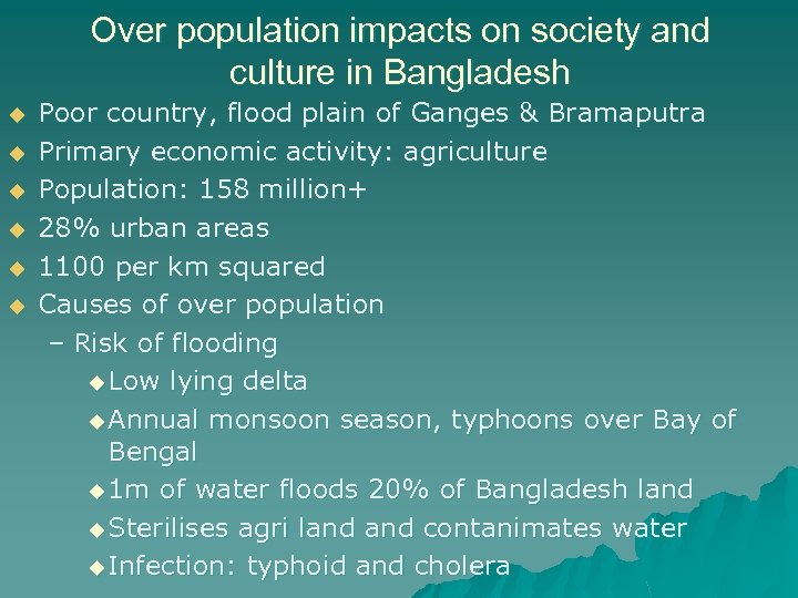 Over population impacts on society and culture in Bangladesh u u u Poor country,