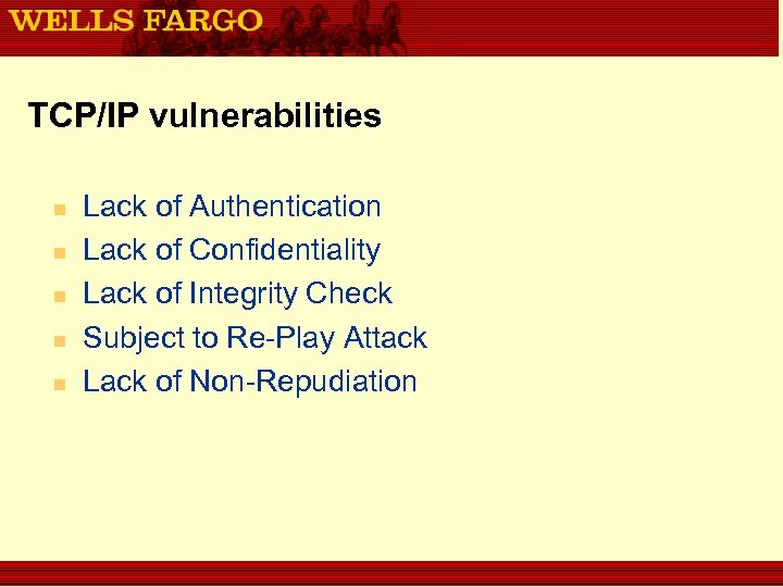 TCP/IP vulnerabilities n n n Lack of Authentication Lack of Confidentiality Lack of Integrity