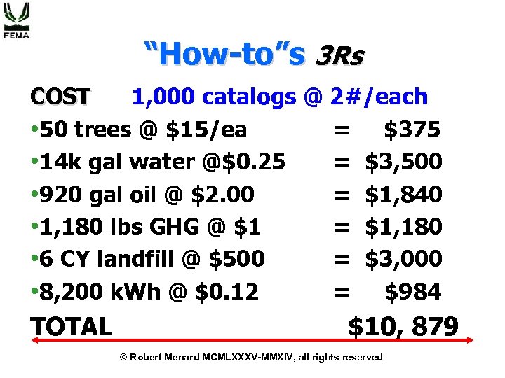 “How-to”s 3 Rs COST 1, 000 catalogs @ 2#/each • 50 trees @ $15/ea