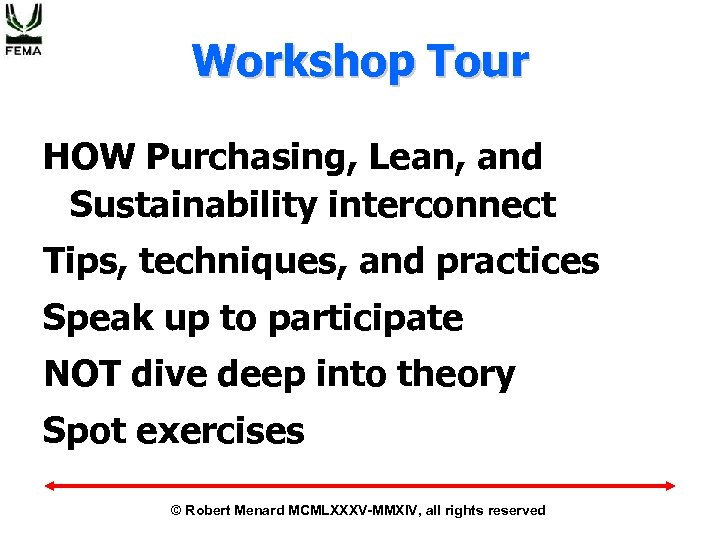 Workshop Tour HOW Purchasing, Lean, and Sustainability interconnect Tips, techniques, and practices Speak up