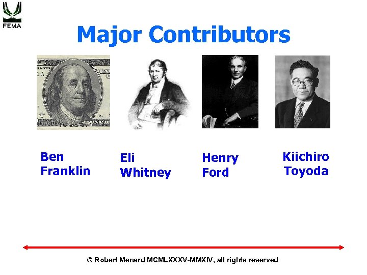 Major Contributors Ben Franklin Eli Whitney Henry Ford © Robert Menard MCMLXXXV-MMXIV, all rights