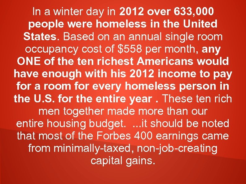 In a winter day in 2012 over 633, 000 people were homeless in the