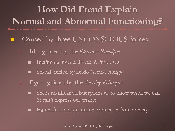 How Did Freud Explain Normal and Abnormal Functioning? n Caused by three UNCONSCIOUS forces: