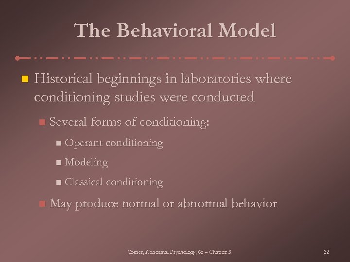The Behavioral Model n Historical beginnings in laboratories where conditioning studies were conducted n