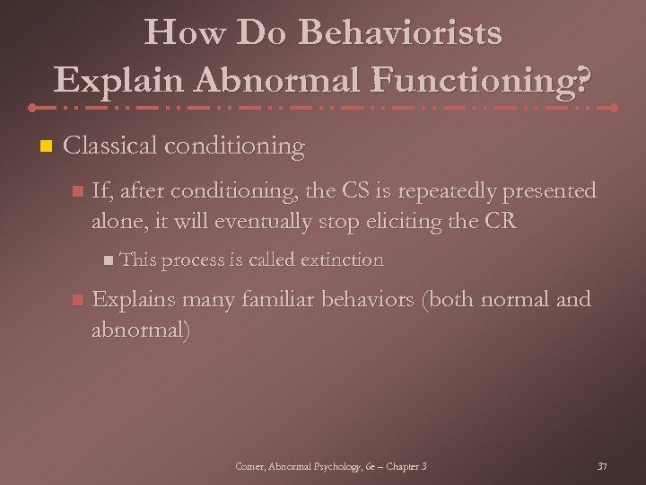How Do Behaviorists Explain Abnormal Functioning? n Classical conditioning n If, after conditioning, the