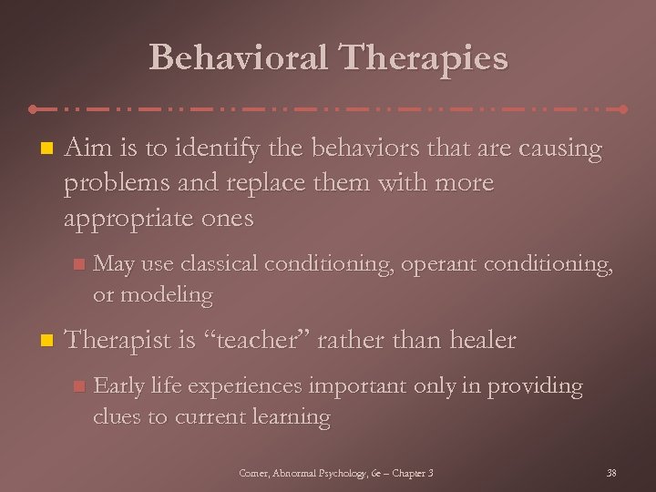 Behavioral Therapies n Aim is to identify the behaviors that are causing problems and