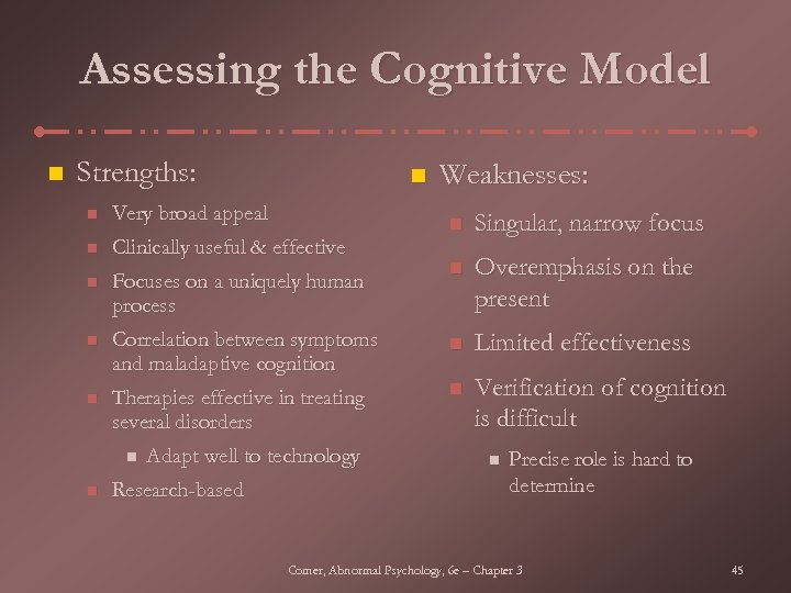 Assessing the Cognitive Model n Strengths: n n Very broad appeal n Clinically useful