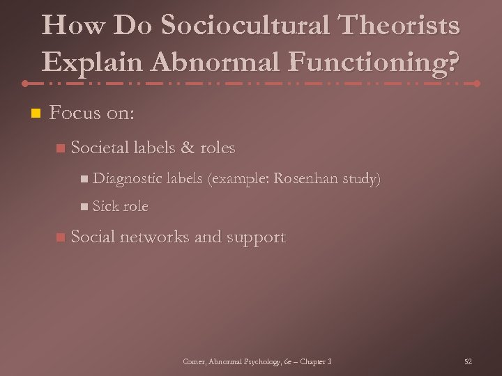 How Do Sociocultural Theorists Explain Abnormal Functioning? n Focus on: n Societal labels &