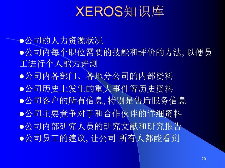 XEROS知识库 l公司的人力资源状况 l公司内每个职位需要的技能和评价的方法, 以便员 进行个人能力评测 l公司内各部门、各地分公司的内部资料 l公司历史上发生的重大事件等历史资料 l公司客户的所有信息, 特别是售后服务信息 l公司主要竞争对手和合作伙伴的详细资料 l公司内部研究人员的研究文献和研究报告 l公司员 的建议, 让公司