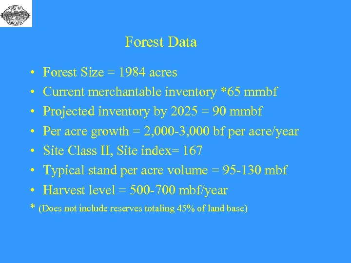 Forest Data • • Forest Size = 1984 acres Current merchantable inventory *65 mmbf