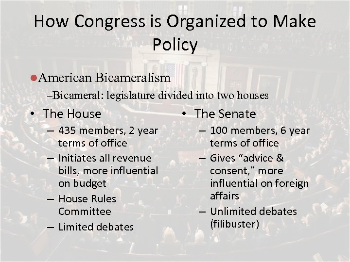 How Congress is Organized to Make Policy l. American Bicameralism –Bicameral: legislature divided into