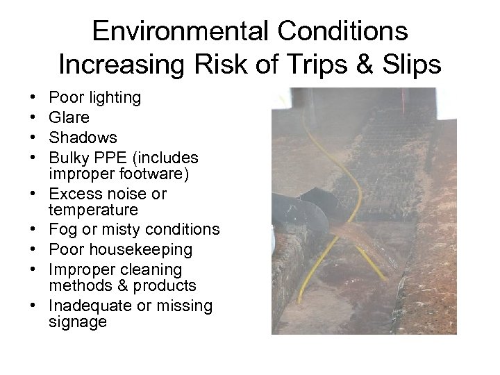 Environmental Conditions Increasing Risk of Trips & Slips • • • Poor lighting Glare