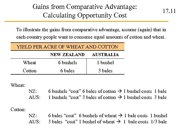 Gains from Comparative Advantage: Calculating Opportunity Cost 17. 11 To illustrate the gains from