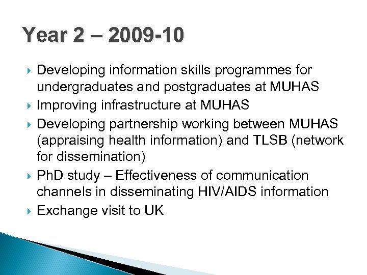 Year 2 – 2009 -10 Developing information skills programmes for undergraduates and postgraduates at