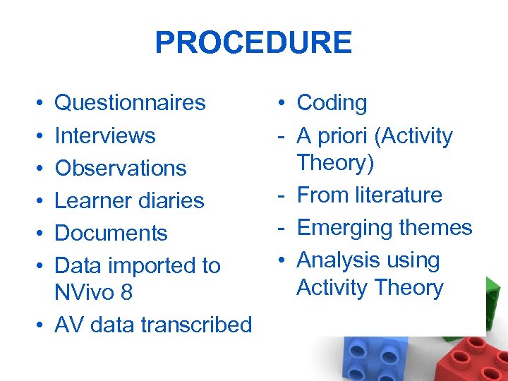 PROCEDURE • • • Questionnaires Interviews Observations Learner diaries Documents Data imported to NVivo