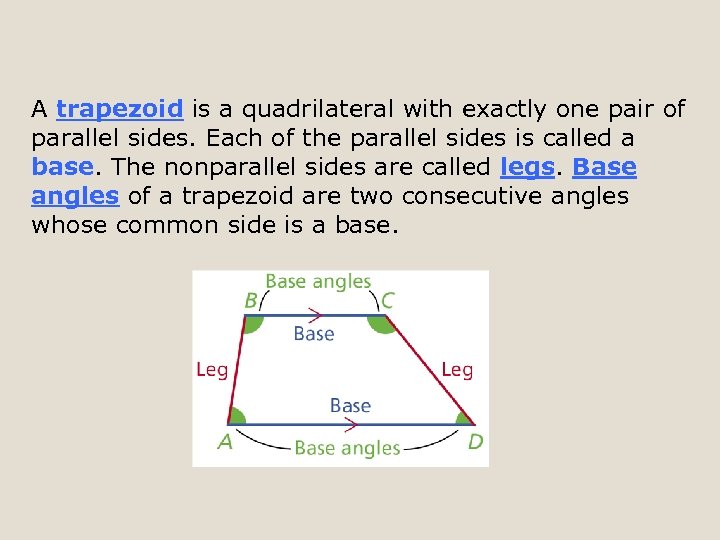 A trapezoid is a quadrilateral with exactly one pair of parallel sides. Each of