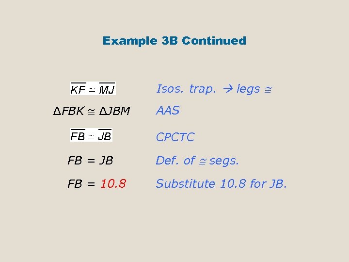 Example 3 B Continued Isos. trap. legs ∆FBK ∆JBM AAS CPCTC FB = JB