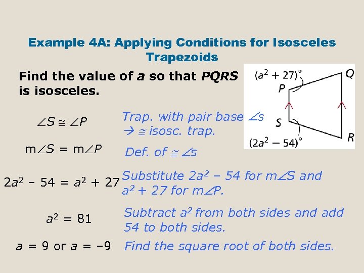 Example 4 A: Applying Conditions for Isosceles Trapezoids Find the value of a so