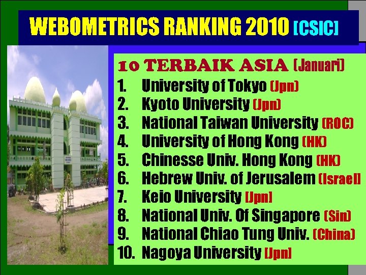 WEBOMETRICS RANKING 2010 [CSIC] 10 TERBAIK ASIA (Januari) 1. 2. 3. 4. 5. 6.